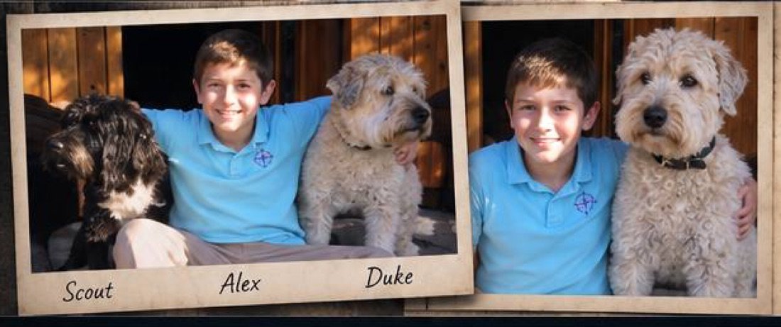 Two 2009 family photographs: Alex seated between Scout and Duke
