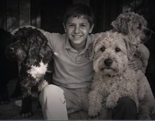 Alex with Scout and Duke, black and white